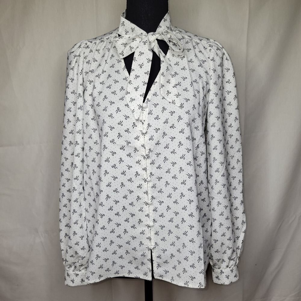 LOFT Black Bow & Polka Dot Tie Neck‎ Button Front Blouse Top